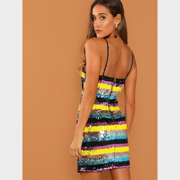 Sequin Plunging V-Neck Cami Mini Dress Striped - Picture 3 of 7